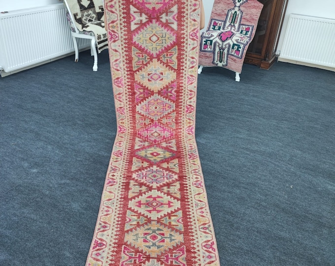 2x9 Vintage Turkish Wool Hallway Runner, Red Pink Geometric Medallion 2'3" x 9'5"
