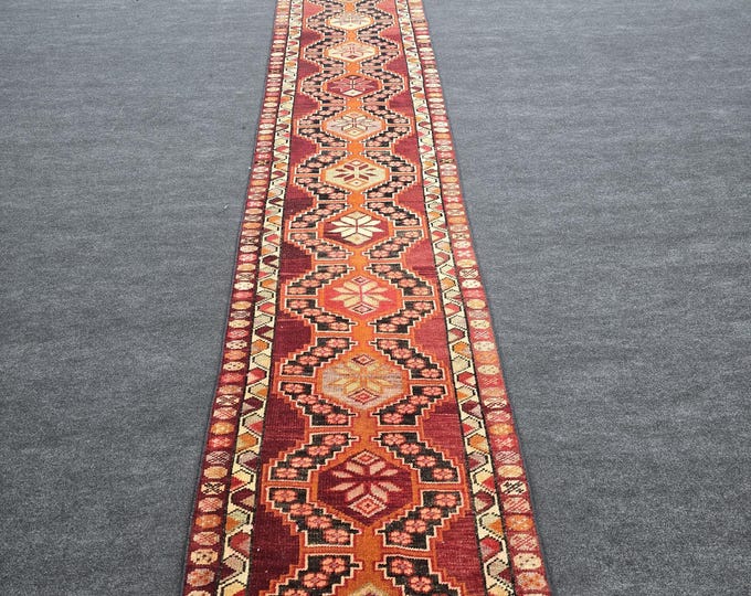 3x25 Vintage Turkish Wool Runner Rug, Rust Red Extra Long Hallway (2'8" x 24'5")