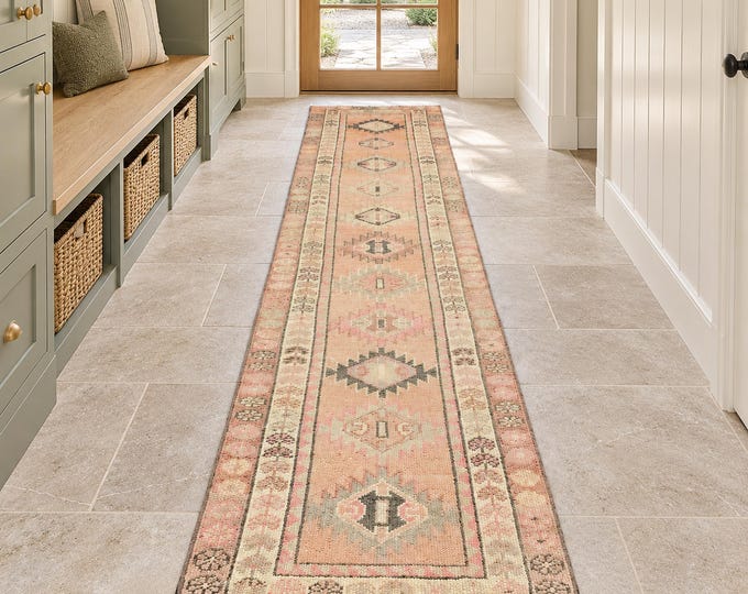 3x13 Vintage Turkish Oushak Runner Rug, 2'8" x 12'6" Handmade Wool Pink Orange Hallway Runner