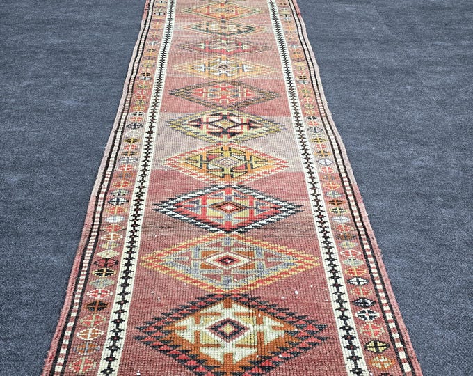 3x11 Vintage Turkish Oushak Runner, Handmade Wool Faded Pink Tribal Anatolian Hallway Rug