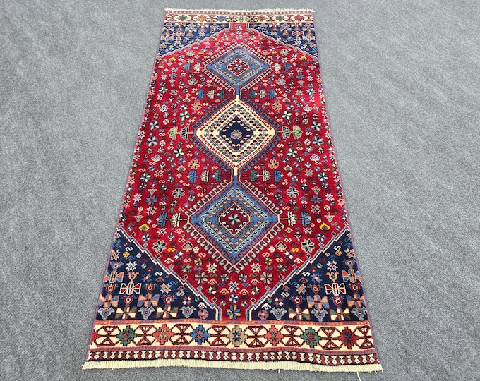 2x5 Vintage Turkish Oushak Rug, Red Navy Handmade Wool Geometric Medallion, 2'3" x 4'10"