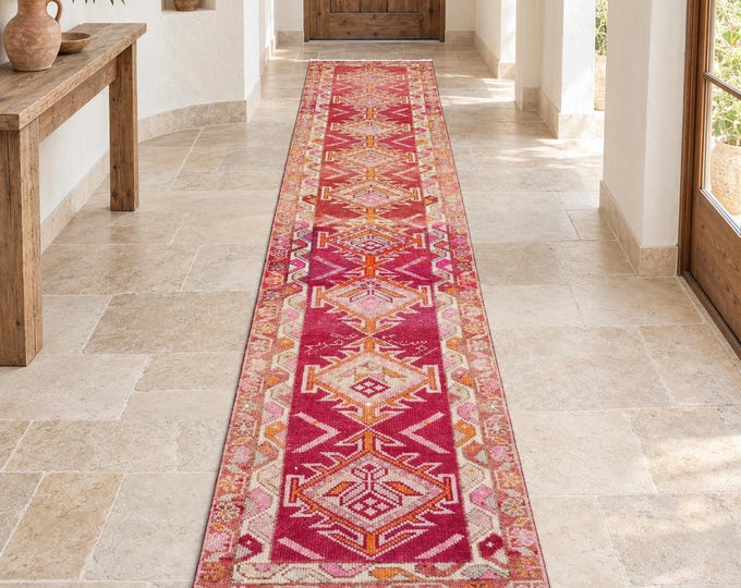 2x12 Vintage Turkish Wool Runner Rug, Red Pink Geometric Tribal Hallway Design (2'5" x 11'9")