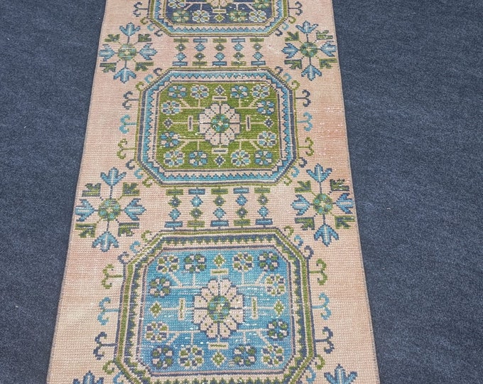2x19 Vintage Turkish Runner Rug, Beige Blue Green Geometric Wool Extra Long Hallway Carpet