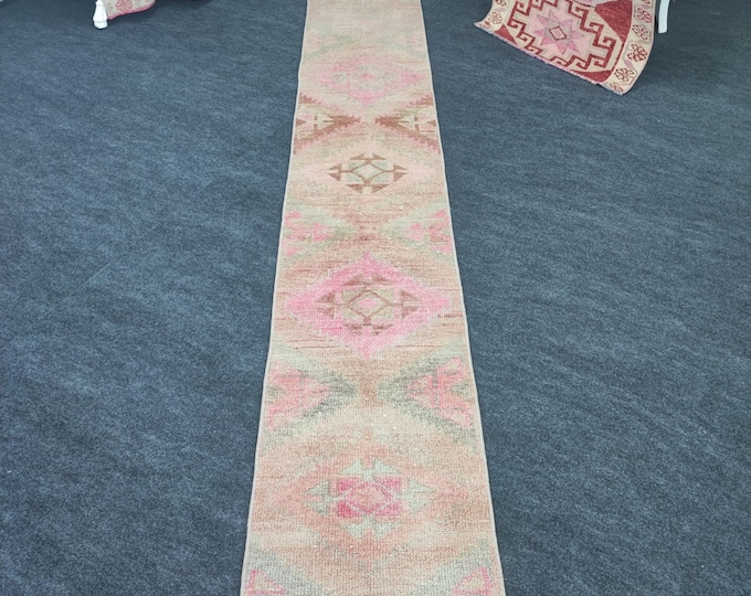 2x10 Vintage Turkish Wool Runner Rug, Faded Pink Beige Narrow Hallway Carpet