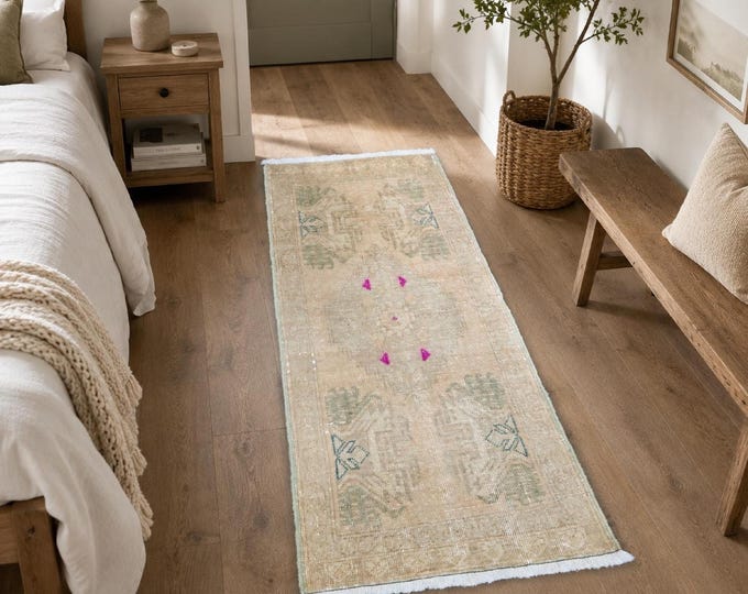 2x4 Vintage Turkish Oushak Rug, Beige Sage Wool Small Entryway Accent Rug