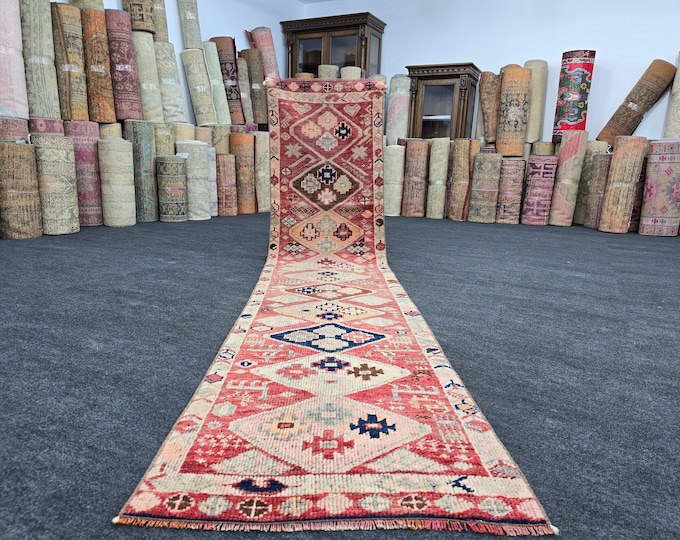 2x9 Vintage Turkish Oushak Runner Rug, Faded Pink Red Geometric Hallway Rug, Boho Decor