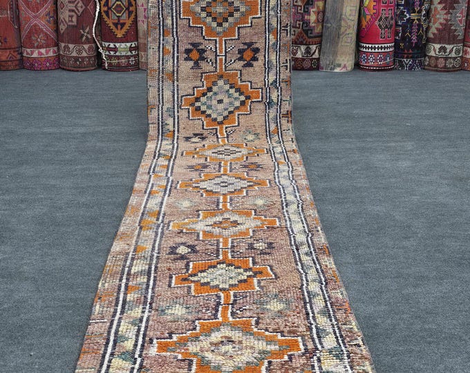 3x12  Vintage Turkish Herki Wool Runner Rug, Brown Orange Geometric Hallway Rug (2'7" x 12')