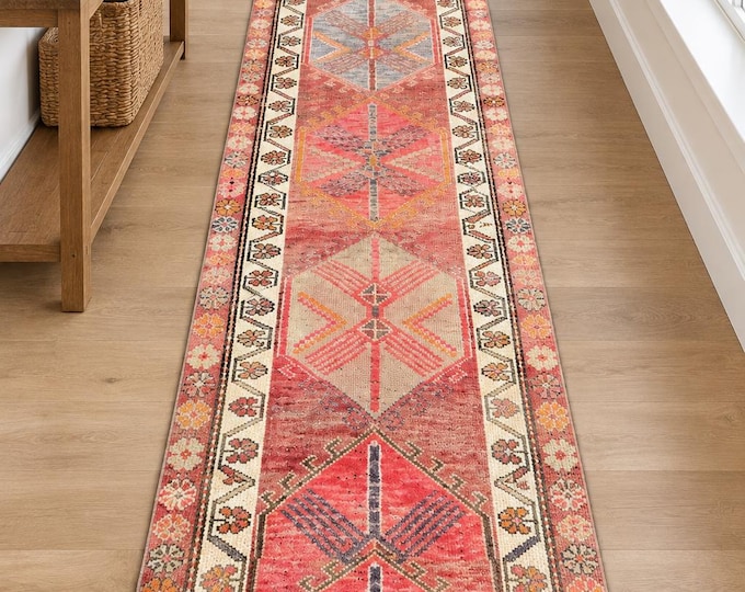 3x12 Vintage Turkish Runner Rug, Handmade Wool Oushak Geometric Hallway Carpet (2'7" × 11'8")