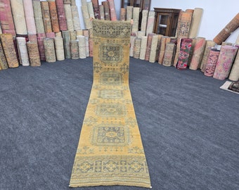 3x12 Ft Vintage Oushak Runner Rug | Turkish Wool Corridor Runner | Faded Blue Boho Rug