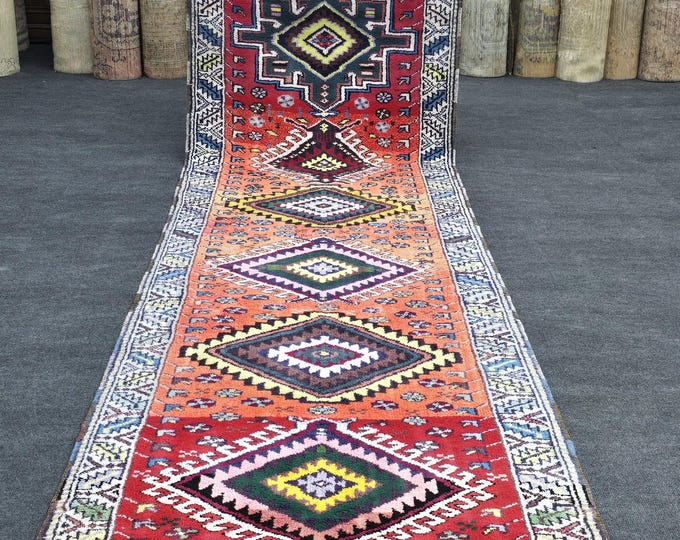 3x12 Vintage Turkish Wool Runner Rug, Coral Red Geometric Tribal Hallway Carpet (3'2" x 11'8")
