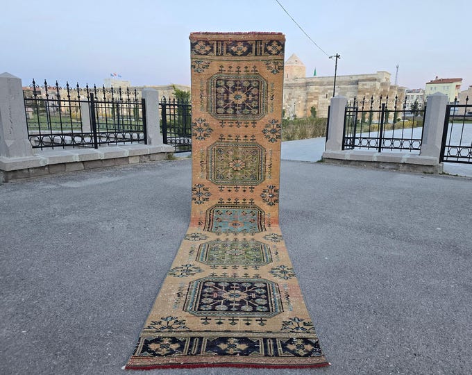 3x10 Vintage Turkish Oushak Runner Rug, Beige Blue Handmade Wool Hallway Runner 2'8" × 10'1"