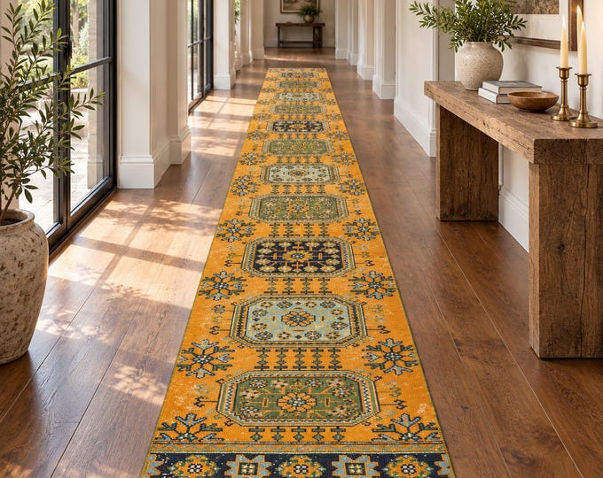 3x20 Vintage Turkish Wool Runner 2.5x20, Mustard Yellow Geometric Extra Long Hallway Rug