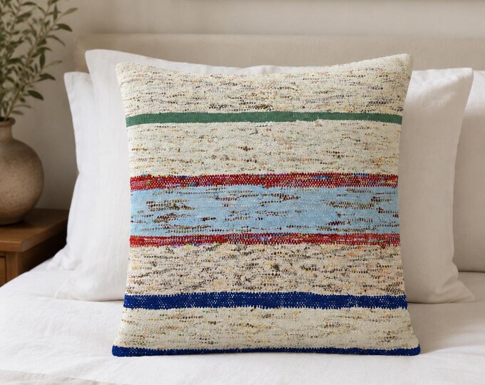 19x19 Vintage Kilim Pillow Cover, Wool Striped Boho Cushion, Blue Red Turkish Decor