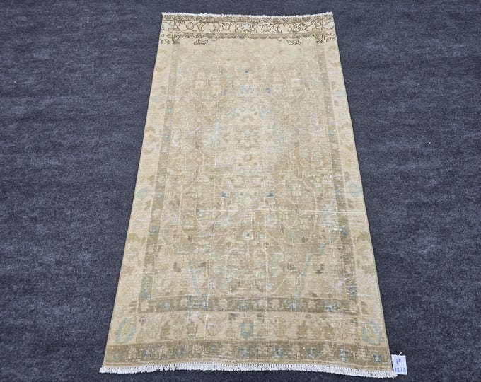 3x5 Vintage Turkish Area Rug, Neutral Beige Distressed Wool Rug, Faded Floral Carpet