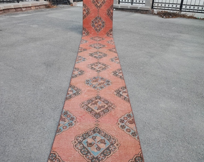 3x22 Vintage Turkish Herki Runner Rug, Handwoven Wool Extra Long Hallway Stair Carpet Decor