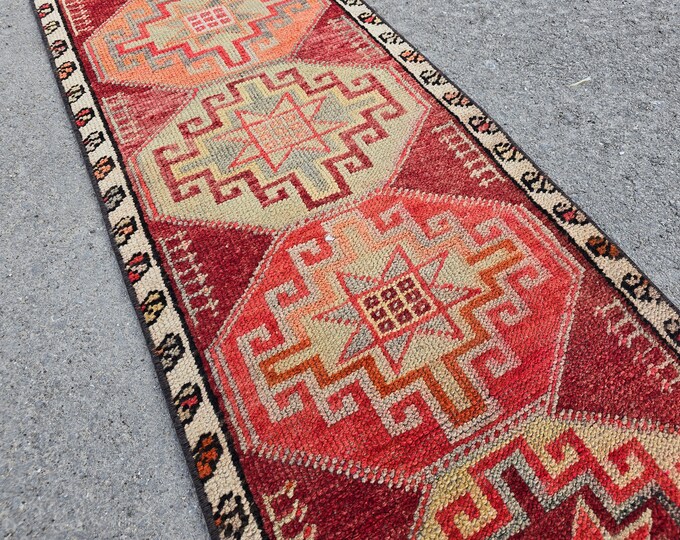 2x14 Vintage Turkish Herki Runner Rug, Red Pink Geometric Tribal Hallway Rug, Boho Decor