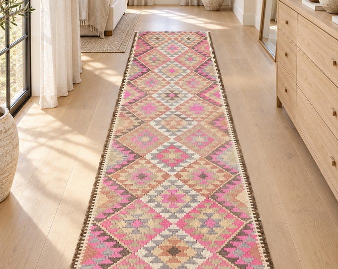 3x9 Vintage Turkish Oushak Runner Rug, 2'10" x 9'4" Handmade Wool Pink Geometric Hallway Runner