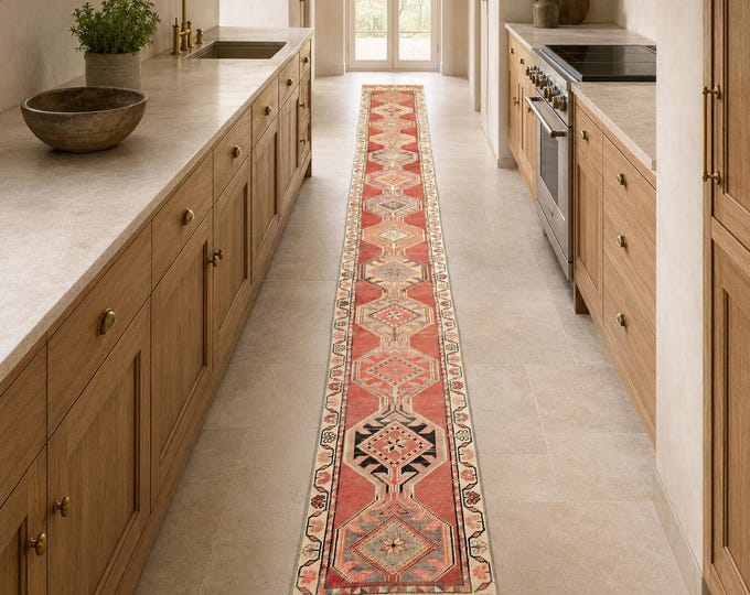 2x18 Vintage Turkish Runner Rug, Extra Long Hand-Knotted Wool Anatolian Hallway Carpet