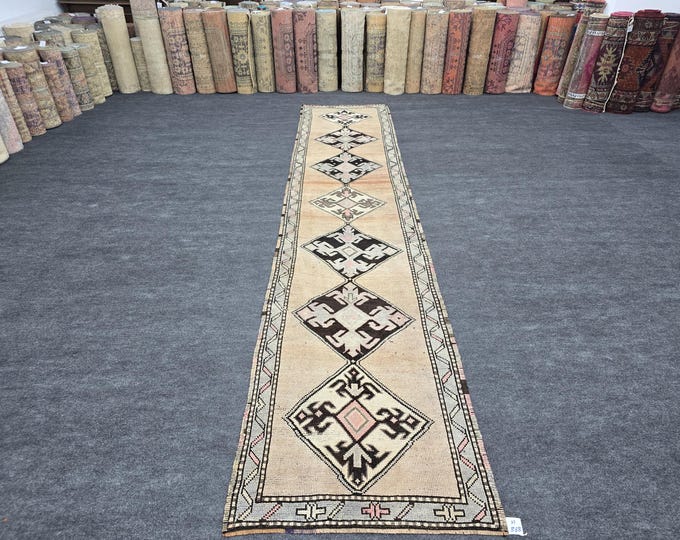 3x14 Vintage Turkish Oushak Wool Runner Rug, Ivory Geometric Hallway Carpet (2'10" x 13'10")