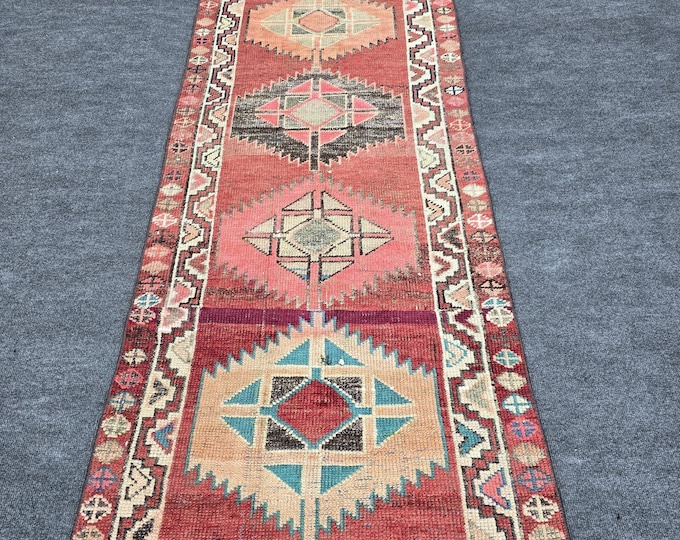 3x9 Vintage Turkish Oushak Runner, Red Wool Hallway Rug, Hand Knotted Geometric Carpet