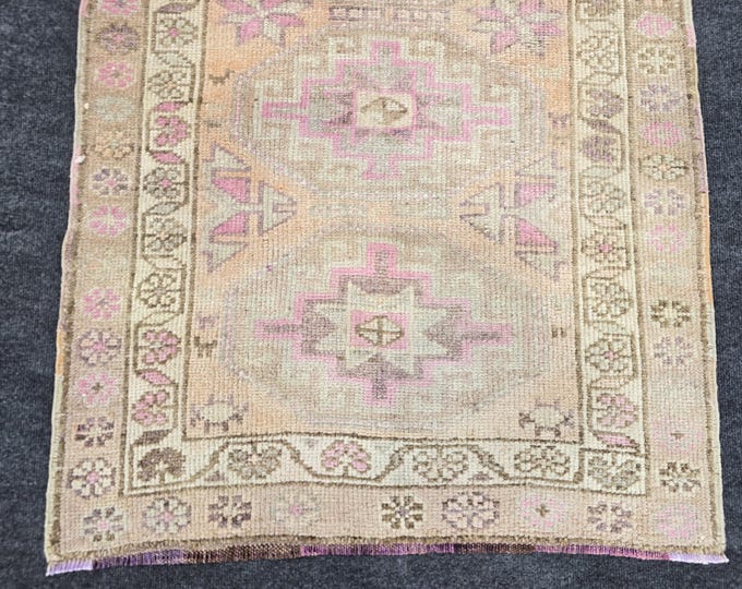 3x13 Vintage Turkish Runner Rug, Faded Pink Beige Hand Knotted Wool Hallway Decor