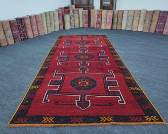 5x12 Ft Vintage Red Herki Runner Rug, Handmade Wool Hallway Runner, Tribal Area Carpet