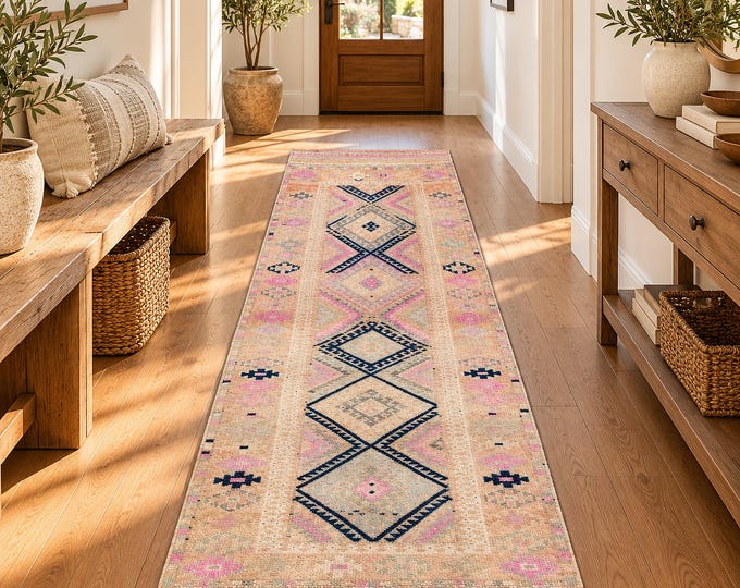 3x9 Vintage Turkish Oushak Runner Rug, Handmade Wool Pink Blue Geometric Hallway Carpet