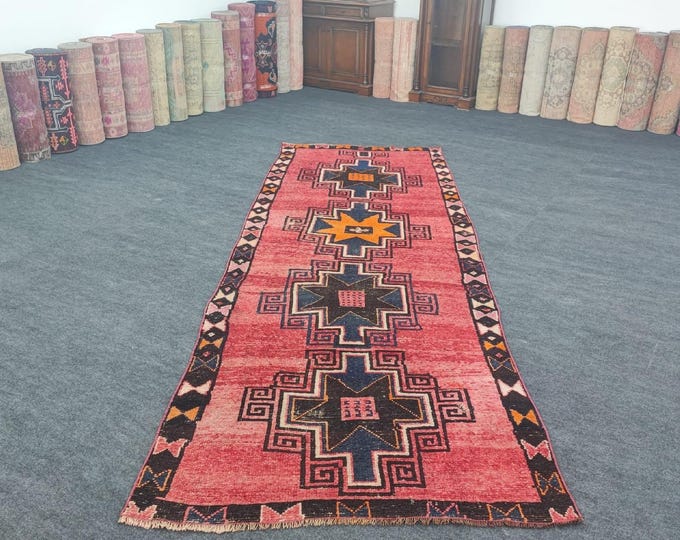 Wide Vintage Turkish Runner Rug 4x12 ft, Red Tribal Wool Hallway Carpet, Extra Long