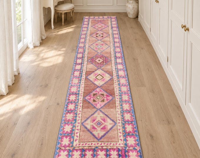 3x13 Vintage Turkish Wool Runner Rug, Faded Pink Blue Geometric Anatolian Design (2'9" x 12'8")