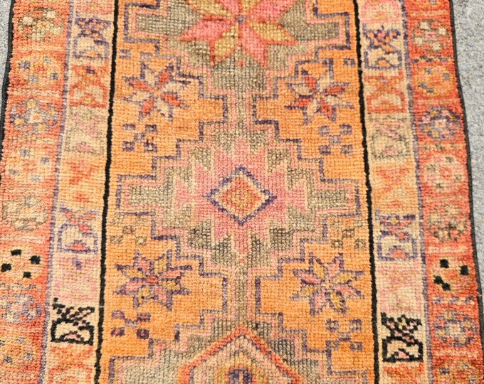 3x14 Vintage Turkish Runner Rug, Burnt Orange Geometric Hallway Carpet, Tribal Decor