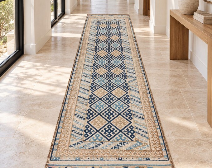 3x13 Vintage Turkish Herki Runner Rug, Handmade Wool Blue Beige Geometric Hallway Runner