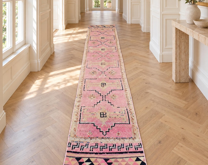 2x10 Vintage Turkish Oushak Runner Rug, Handmade Wool Faded Pink Beige Hallway Runner
