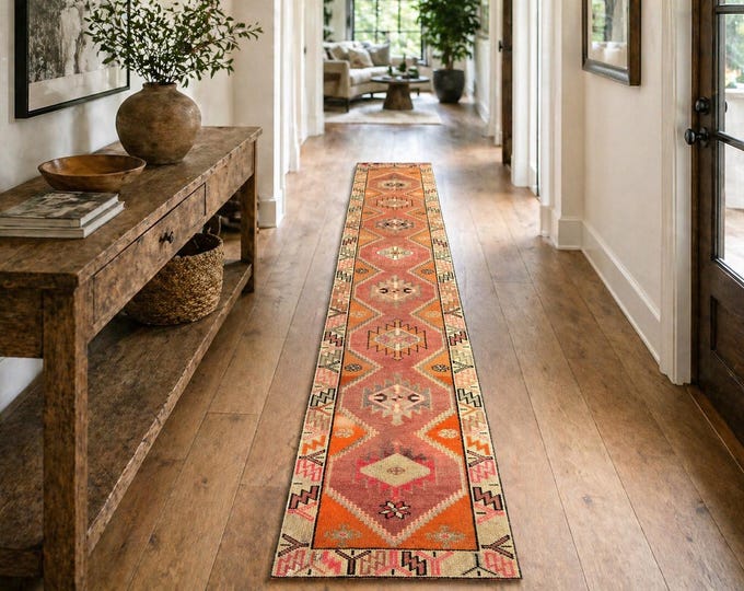 2x13 Vintage Turkish Runner Rug, Terracotta Geometric Tribal, Handmade Wool Anatolian