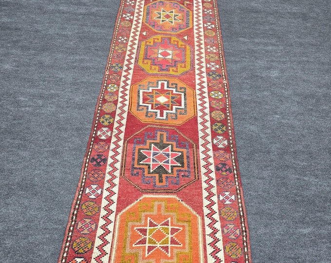 3x13 Vintage Turkish Wool Runner Rug, Red Geometric Medallion (3'1" x 12'11")