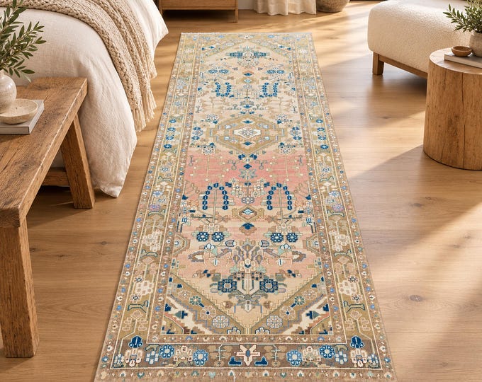 Vintage Turkish Runner Rug 3x11, Faded Blush Pink Beige Blue Geometric Medallion Hallway Rug