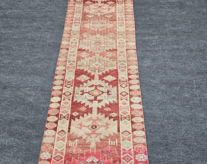 3x10 Vintage Turkish Runner Rug, Faded Coral Oushak Wool Hallway Carpet, Hand Knotted