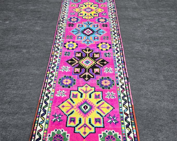 3x13 Vintage Turkish Runner Rug, Hot Pink Handmade Wool Geometric Medallion Hallway Runner