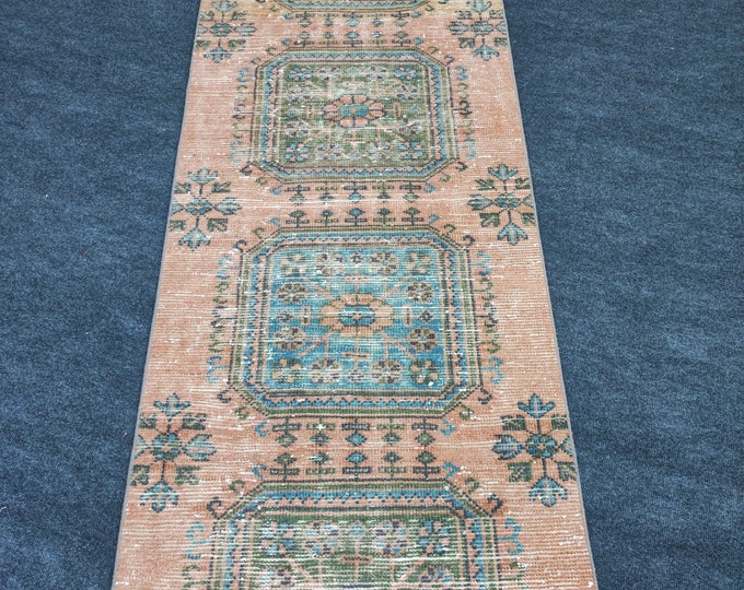 3x19 Vintage Turkish Wool Runner, Salmon Peach Teal Geometric Extra Long Hallway Rug