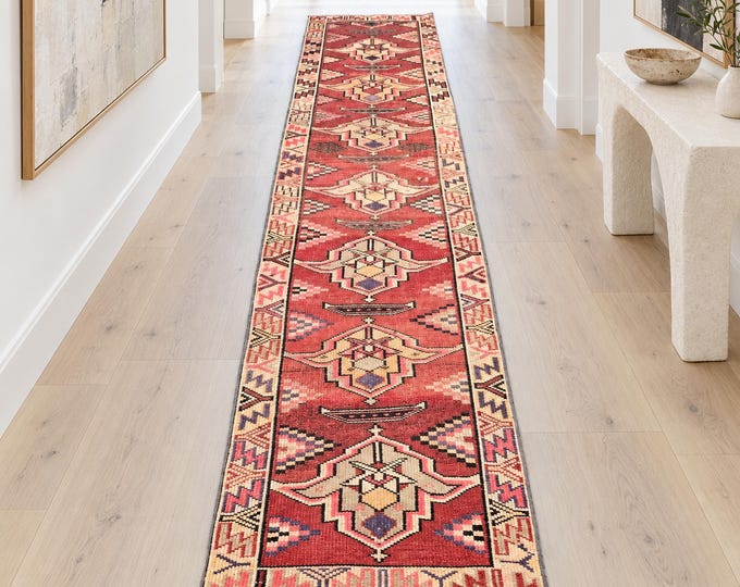 3x12 Vintage Turkish Wool Runner Rug, Red Geometric Anatolian Tribal Design, 2'6" x 11'9"