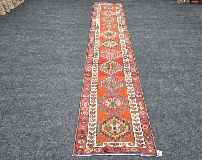 3x14 Vintage Turkish Oushak Rug, Burnt Orange Tribal Wool Hallway Runner