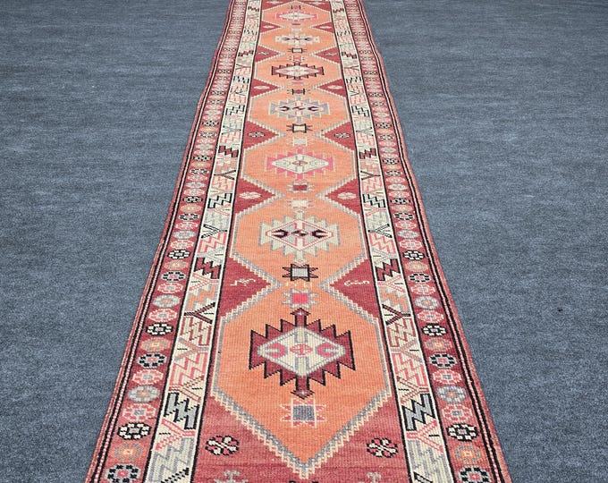 3x13 Vintage Turkish Wool Runner, Faded Peach Geometric Hallway Rug (3' x 12'8")