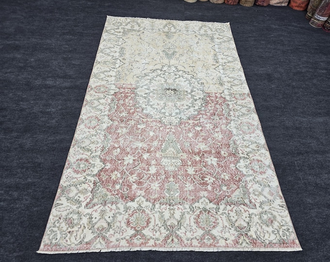 6x9 Vintage Turkish Oushak Wool Rug, Faded Pink Floral Area Rug (6'4" x 9')