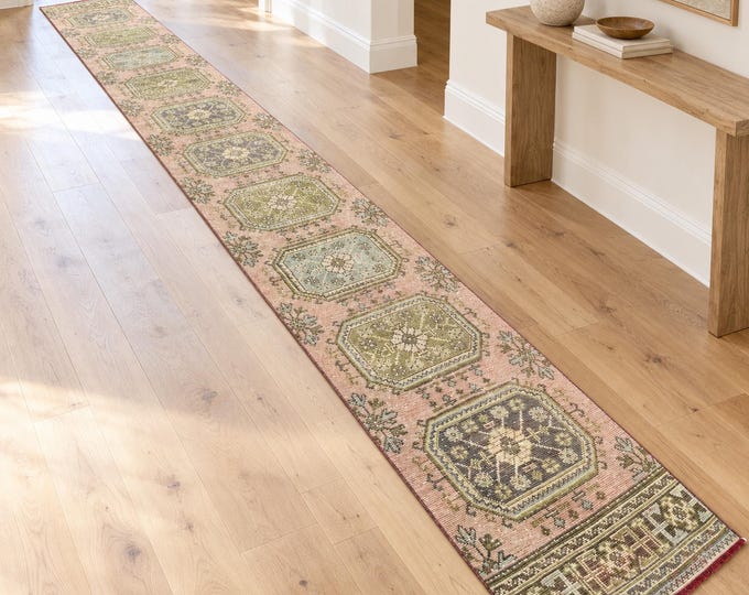 3x21 Vintage Turkish Oushak Extra Long Hallway Rug, 2'6" x 21'4" Beige Green Anatolian