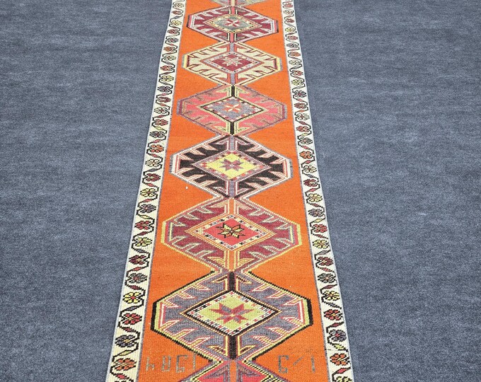 3x12 Vintage Turkish Runner Rug, Orange Anatolian Tribal Wool Hallway Carpet, 2'6" x 12'1"