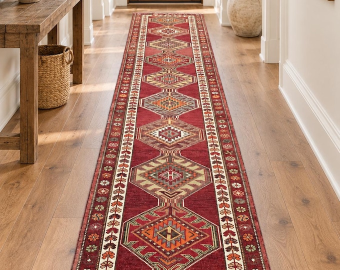 3x12 Vintage Turkish Runner Rug, Burgundy Wool Geometric Anatolian Hallway Carpet