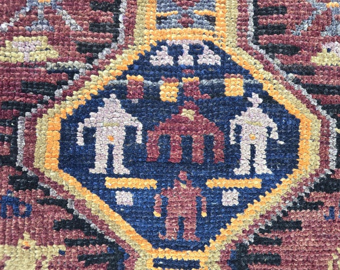 3x8 Vintage Turkish Runner Rug, Burgundy Navy Tribal Geometric Anatolian Hallway Rug