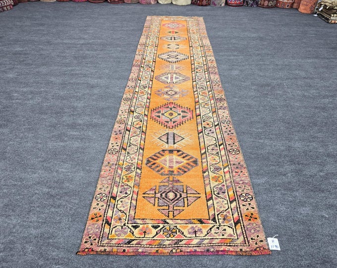 3x11 Vintage Turkish Runner Rug, Orange Pink Geometric Hallway Carpet, Actual 2'8" x 10'9"