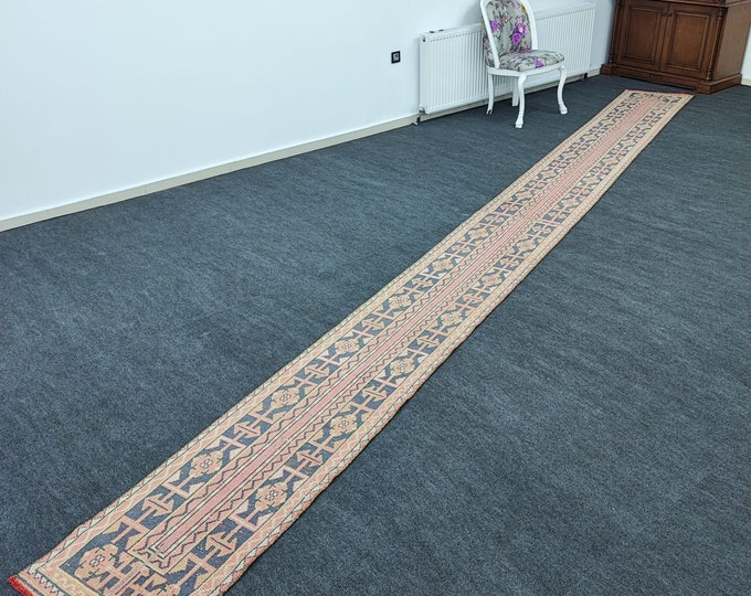 Vintage Turkish Herki Wool Runner Rug, Beige Blue Geometric Hallway Runner, Multiple Sizes