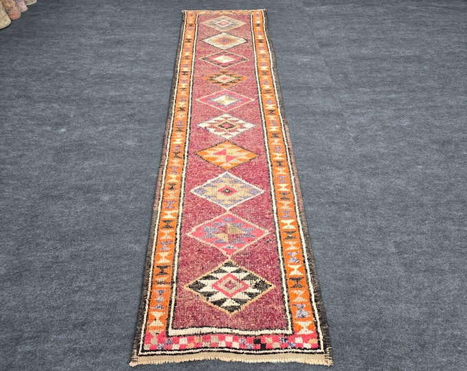 2x11 Turkish Runner Rug, Burgundy Orange Diamond Geometric Boho Hallway Runner 2'11" x 11'
