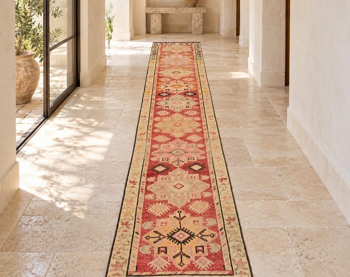 2x12 Vintage Turkish Herki Runner Rug, Handmade Wool Light Red Beige Tribal Hallway Runner
